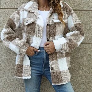 Plaid Sherpa Jacket - Brown and White